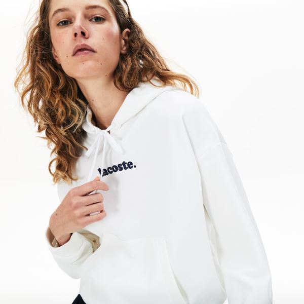 Lacoste Signature Wide Hooded Fleece Sweatshirt Dámské - Mikiny Bílé | CZ-yGDDuQ